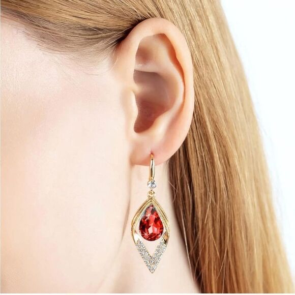 14K Yellow Gold with Ruby Red Austrian Crystal Halo Leaf Teardrop Hook Earrings - Picture 5 of 7